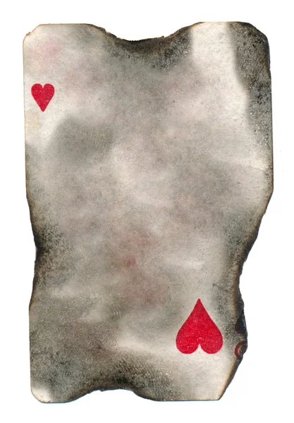 Vecchia carta da gioco sporca bruciata con sfondo simbolo cuori — Foto Stock