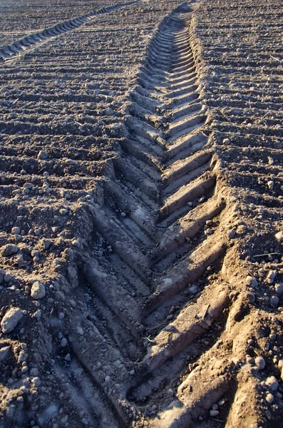 Geploegd veld met sporen van de trekker — Stockfoto