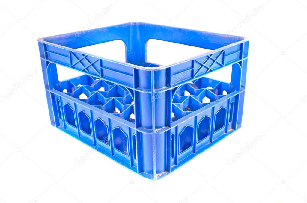 blue plastic storage box crate on a white