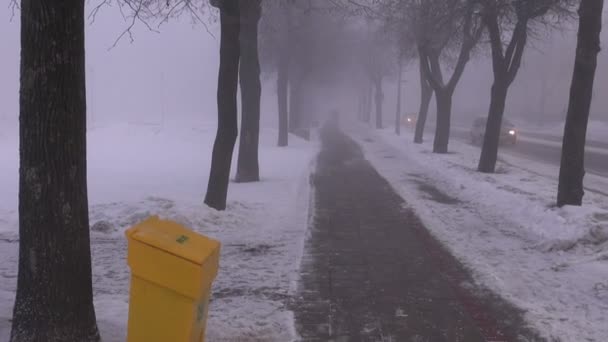 Dark heavy morning fog in snowy street — Stock Video