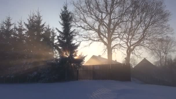 Ochtend zonsopgang en winter mist in dorp — Stockvideo