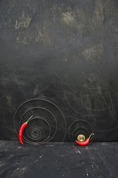 Duas pimentas vermelhas e conceito espiral de mola metálica — Fotografia de Stock