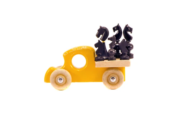 Retro wooden car toy with horse chess group isolated on white — Stock Photo, Image