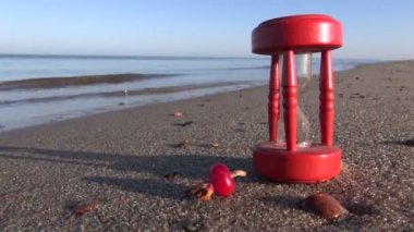 Antik kırmızı kırık kum saati kum saati ve rose hips Denizde kum plaj