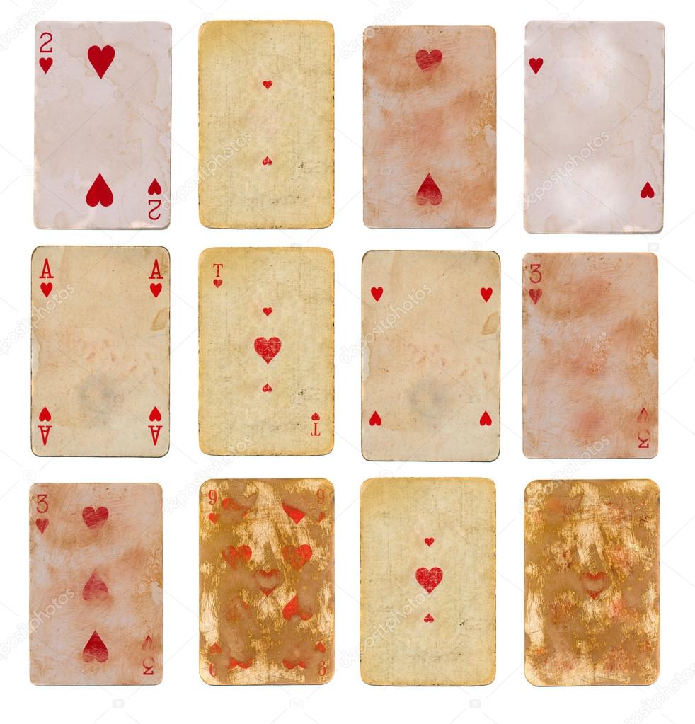 twelve  collection old used playing card of hearts paper backgrounds