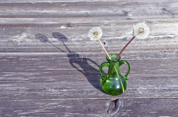 Vaso de vidro verde e sementes de dente-de-leão — Fotografia de Stock