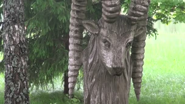 Oude houten geit sculptuur in resort park — Stockvideo