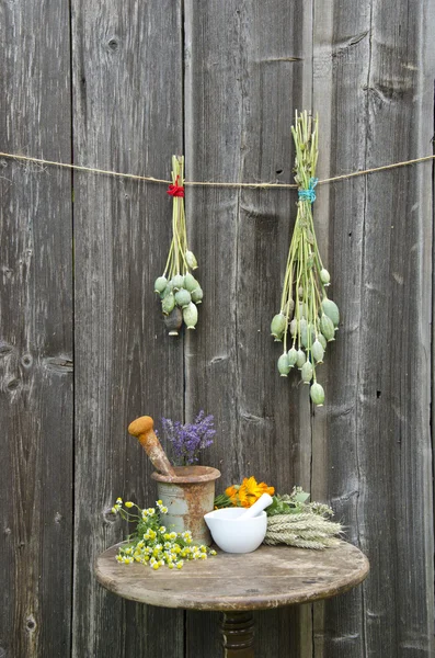 Mortars on old table and various herbal medicine summer flowers — Stock Photo, Image