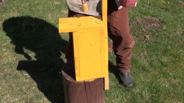Фарба в жовтій дерев'яній коробці для гніздування птахів — стокове відео