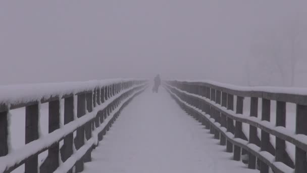 Niebla mística oscura de la mañana en el viejo puente de madera y la silueta de la gente — Vídeos de Stock