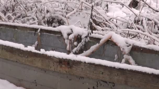 Velho barco de madeira abandonado na neve de inverno — Vídeo de Stock