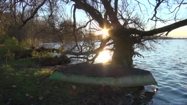 Wieczorem zachód słońca w pobliżu jeziora z starych łodzi i drzewo — Wideo stockowe