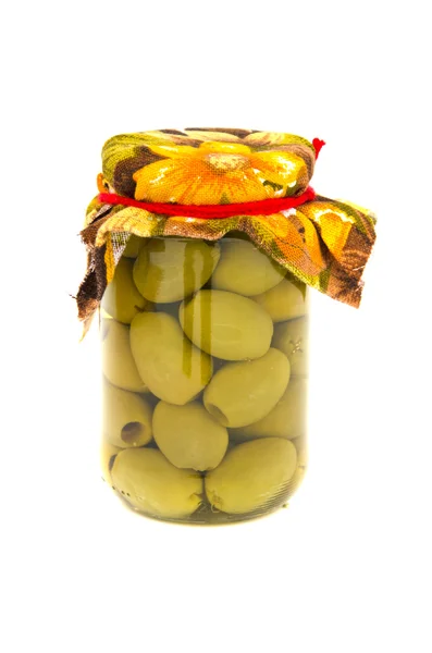 Homemade glass jar  preserved olives  isolated on a white — Stock Photo, Image