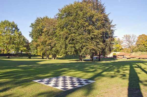 Big outdoor empty chess board in autumn park — Stock Photo, Image