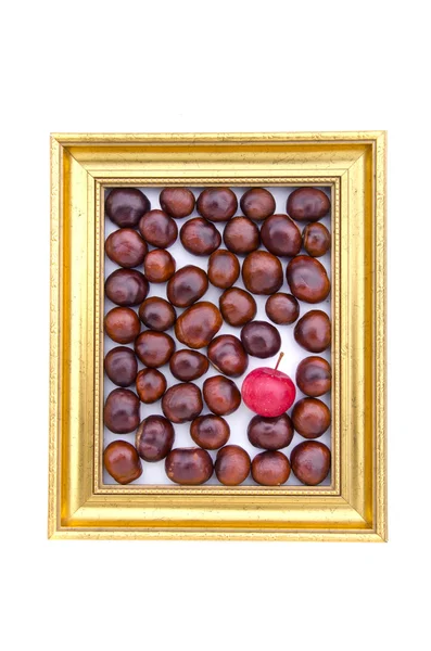 Frutas conker y manzana roja en marco retro dorado aislado en blanco —  Fotos de Stock