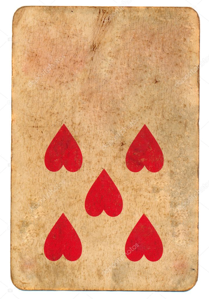 five red heart symbol on old playing card paper background