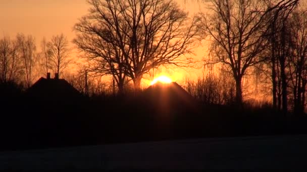 Early morning winter sunrise in village — Stock Video