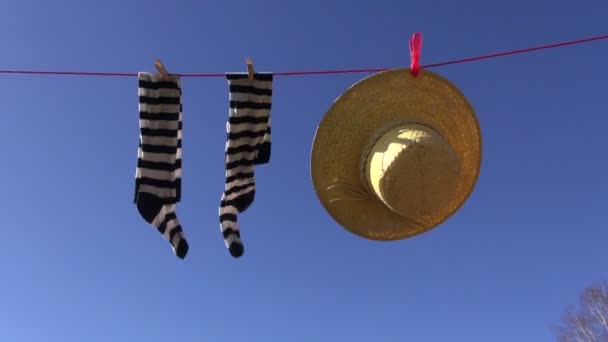 여자 양말과 하늘 배경에 바람에 여름 밀 짚 모자 세탁 선 — 비디오