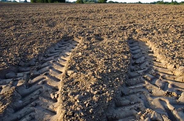 Mezőgazdasági traktor kerekek nyomát a szántóföld talajában — Stock Fotó