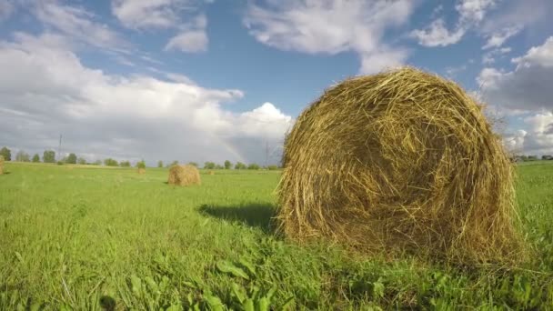 Сельский пейзаж с тюками сена на поле и радугой. Timelapse 4K — стоковое видео