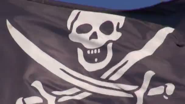 Schwarze Piratenfahne weht an windigem Tag — Stockvideo