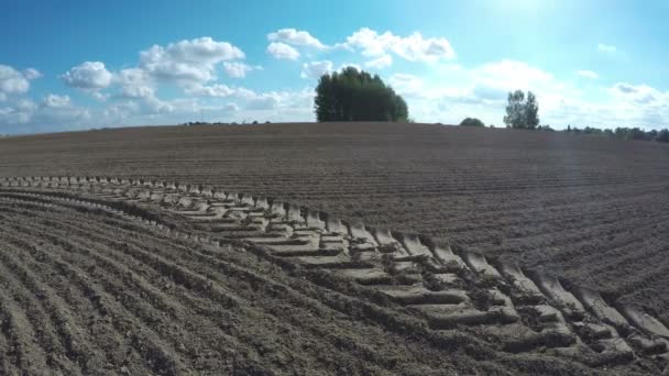 Terrain agricole fraîchement labouré en automne avec des traces de tracteurs et des nuages. Timelapse 4K — Video
