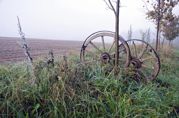 Paesaggio autunnale appannato con antiche ruote in legno per carrozze — Foto Stock