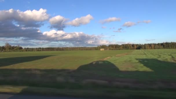 Uitzicht vanaf gaan auto met auto schaduw en platteland — Stockvideo
