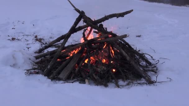 Vreugdevuur branden in de diepe sneeuw — Stockvideo