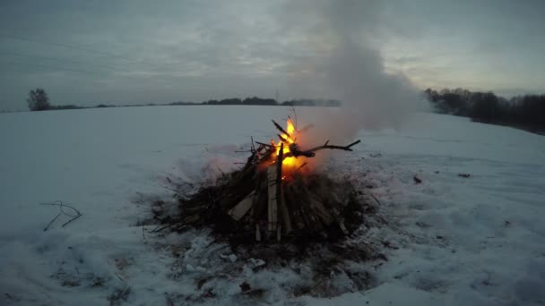 Paysage avec feu de joie brûlant dans la neige profonde, 4K — Video