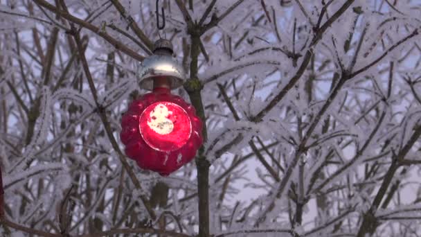 Ornamento de Natal vintage pendurado no ramo de arbusto coberto de geada — Vídeo de Stock