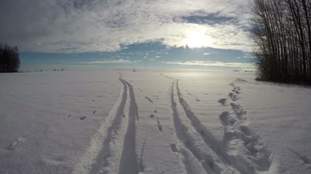 Narciarskie i stóp ślady na śniegu, upływ czasu 4k — Wideo stockowe
