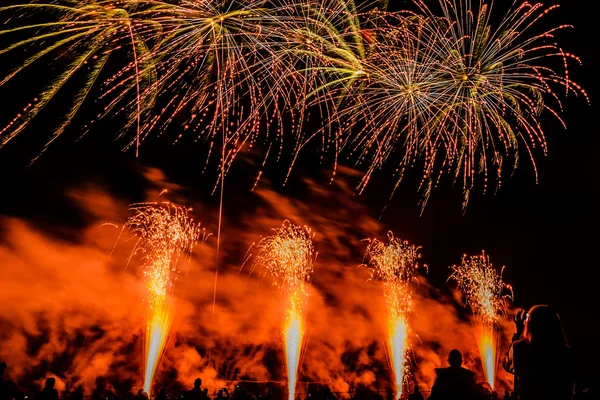Πολύχρωμα πυροτεχνήματα πάνω από το νυχτερινό ουρανό — Φωτογραφία Αρχείου