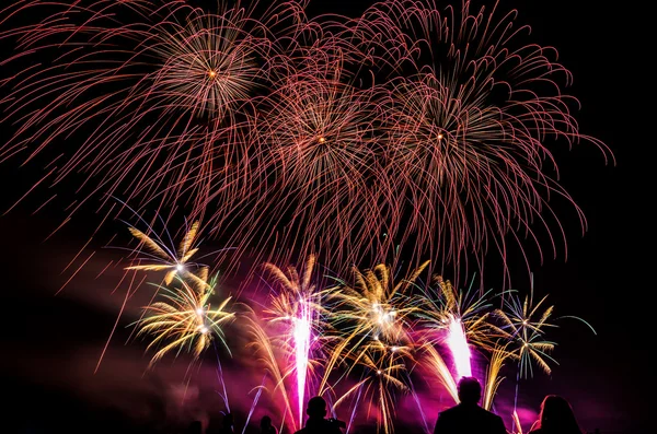 Buntes Feuerwerk über dem Nachthimmel Stockbild