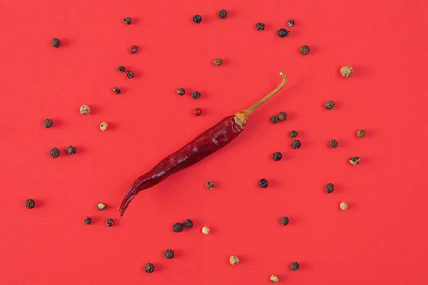 Dried red chili pepper on red background. Texture of isolated chili peppers