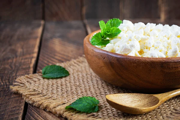 Bowl Cottage Cheese Wooden Background Fresh Homemade Cottage Cheese — Stock Photo, Image