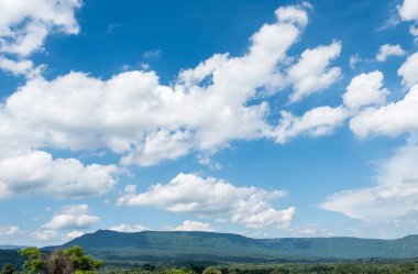 View point of the sandstone mountain range in the national park, rainforest around the mountain, morning time with the cloudy blue sky, front view with the copy space. 