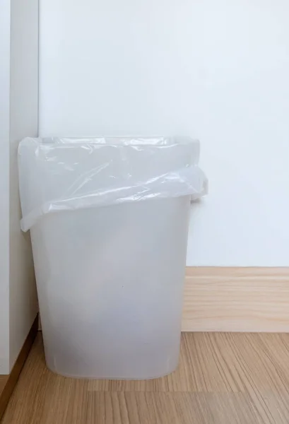 White Plastic Bin Clear Plastic Bag Use Bedroom White Wall — Stockfoto