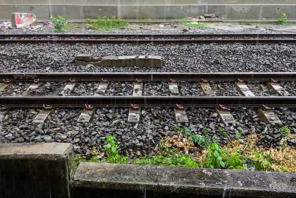 Trilha Dupla Linha Ferroviária Chuva Forte Após Tempestade Perto Estação — Fotografia de Stock