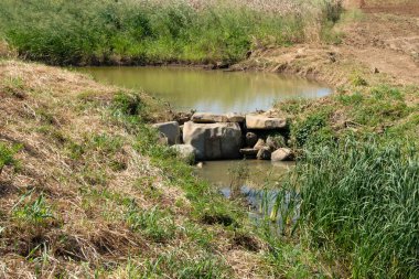 Küçük su deposu, yazın kırsal kesimdeki çiftlikte kullanılacak suyun depolanması için büyük kaya tarafından tıkanır..