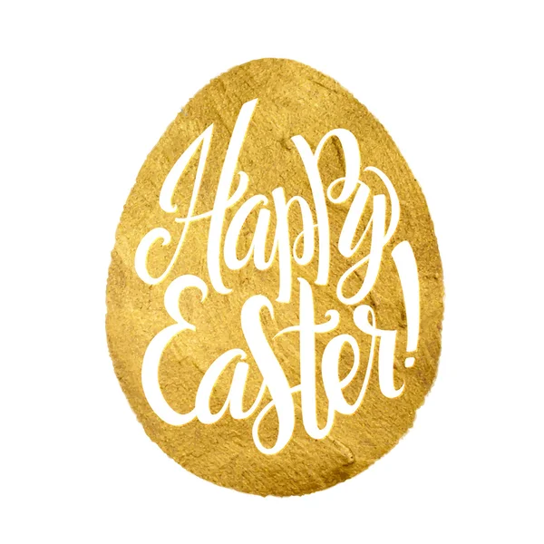 Gold Foil Calligraphy Happy Easter Greeting Card (em inglês). Modern Brush Lettering. Gold Stroke Egg and White Letters (em inglês). Desejos alegres, saudações de férias — Vetor de Stock