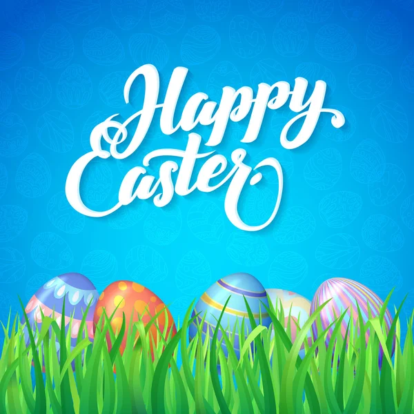 Feliz Pascua. Celebración. Tarjeta para Pascua con fondo azul, hierba verde y huevos de colores — Vector de stock