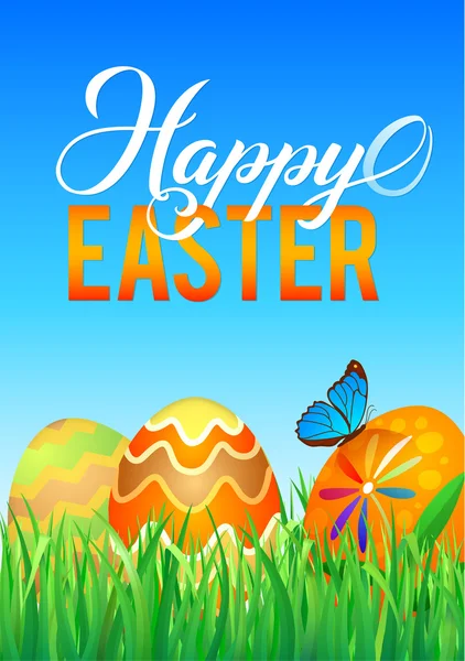 Ouă de Paște în iarbă verde proaspătă. Ouă decorate de Paște în iarbă pe fundalul cerului. Happy Easter Calligraphy Poster Șablon — Vector de stoc