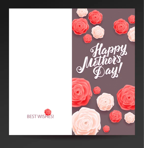 Happy Mothers Day. Beautiful Blooming Rose Flowers on Grey Background. Greeting Card Ready to Print — Stock Vector