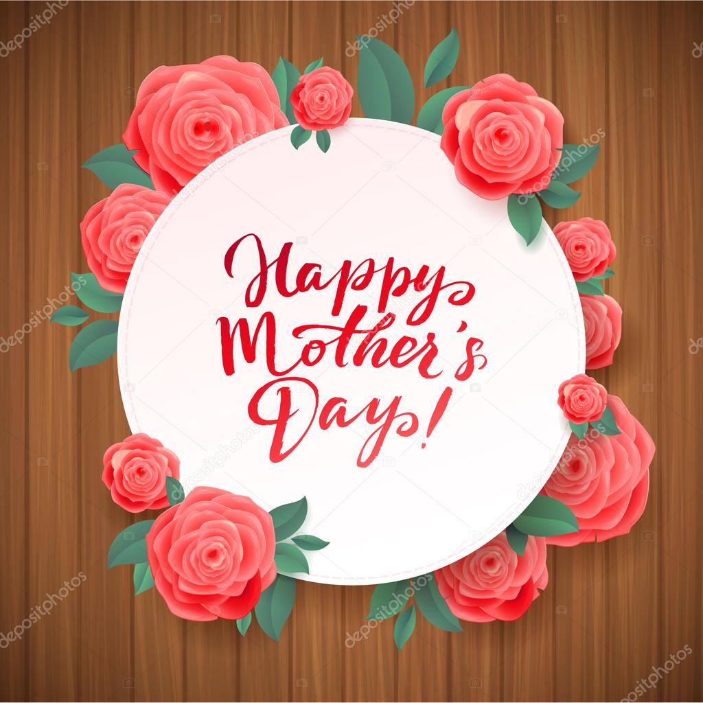 Happy Mothers Day. Beautiful Blooming Rose Flowers on Wood Background. White Circle