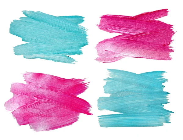 粉红色和蓝色光泽水彩纹理油漆污渍抽象插图集。闪亮的画笔笔触为您惊人的设计项目 — 图库照片