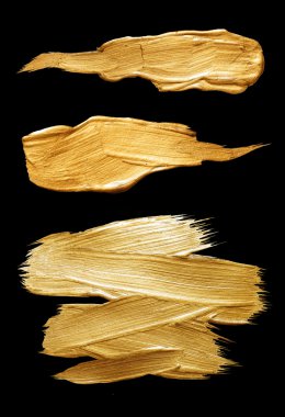 Altın Doku Boya Leke İllüstrasyon Seti. Elle çizilmiş fırça darbesi vektör tasarım elemanı.