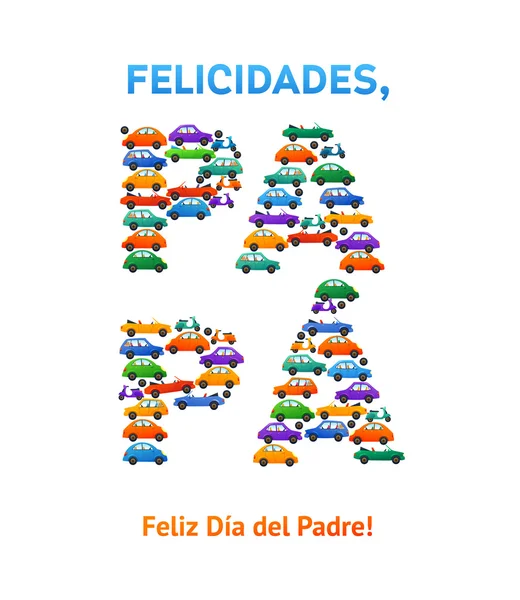 Ojcowie szczęśliwy dzień hiszpański karty samochody i motocykl na białym tle — Wektor stockowy
