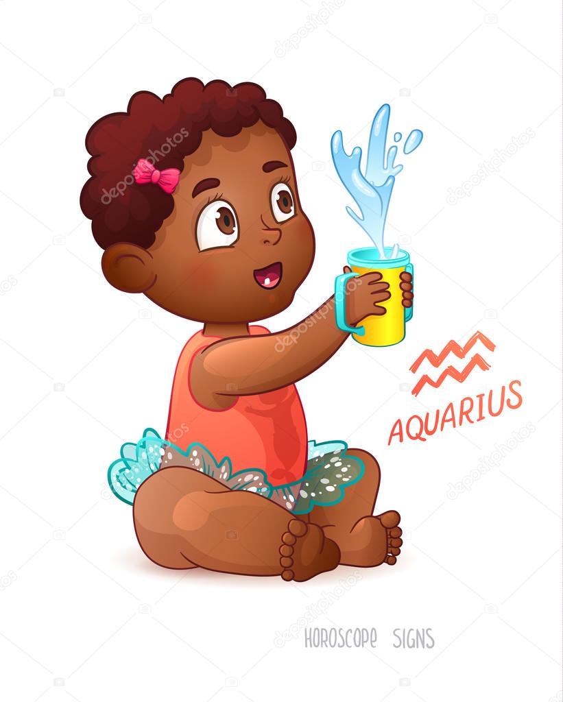 Zodiac sign Aquarius. African American Cute Girl Enjoys Splashes in Feeding Cup. Water Game