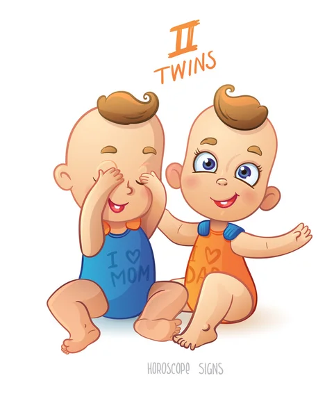 Tweelingen Horoscoop teken. Twee cartoon baby jongens spelen elkaar — Stockvector
